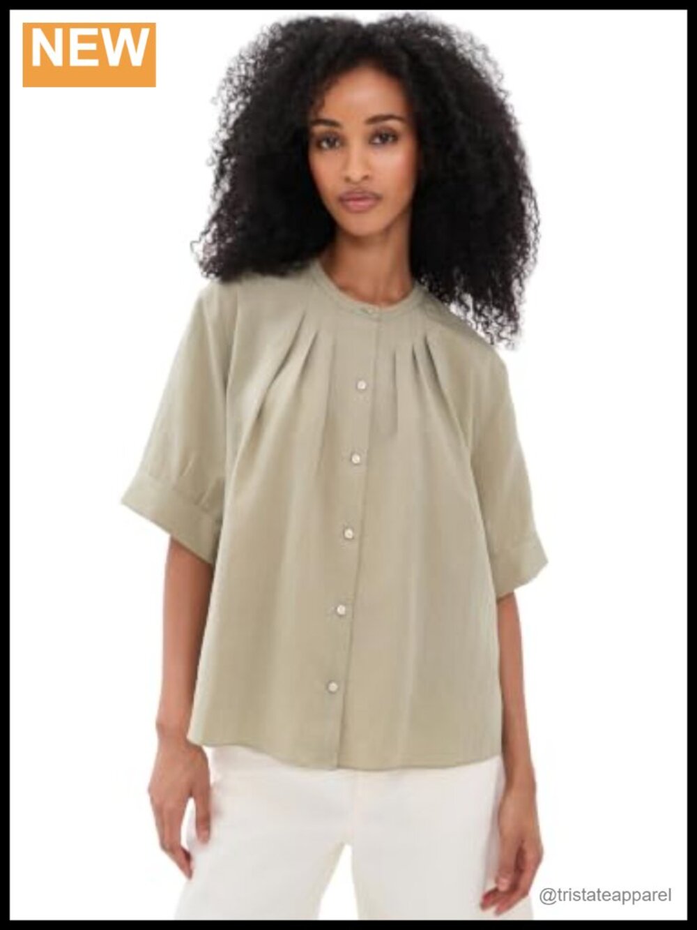 Women's A-Line Gathered Button-Down Shirt 3/4 Sleeve Lyocell Blend